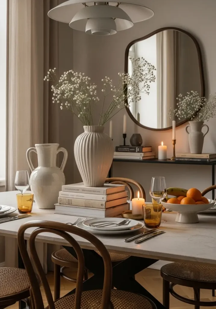 Modern eclectic apartment dining room with sculptural centerpiece on dining table, ceramic vase, stacked books, fruit bowl, warm candlelight, soft natural daylight, elegant feminine apartment styling, cozy modern and vintage blend, layered textures, realistic editorial home interior, inviting dining setup, artistic decor with quiet luxury feel, warm neutral tones, collected tabletop details, stylish apartment home atmosphere with charm and softness