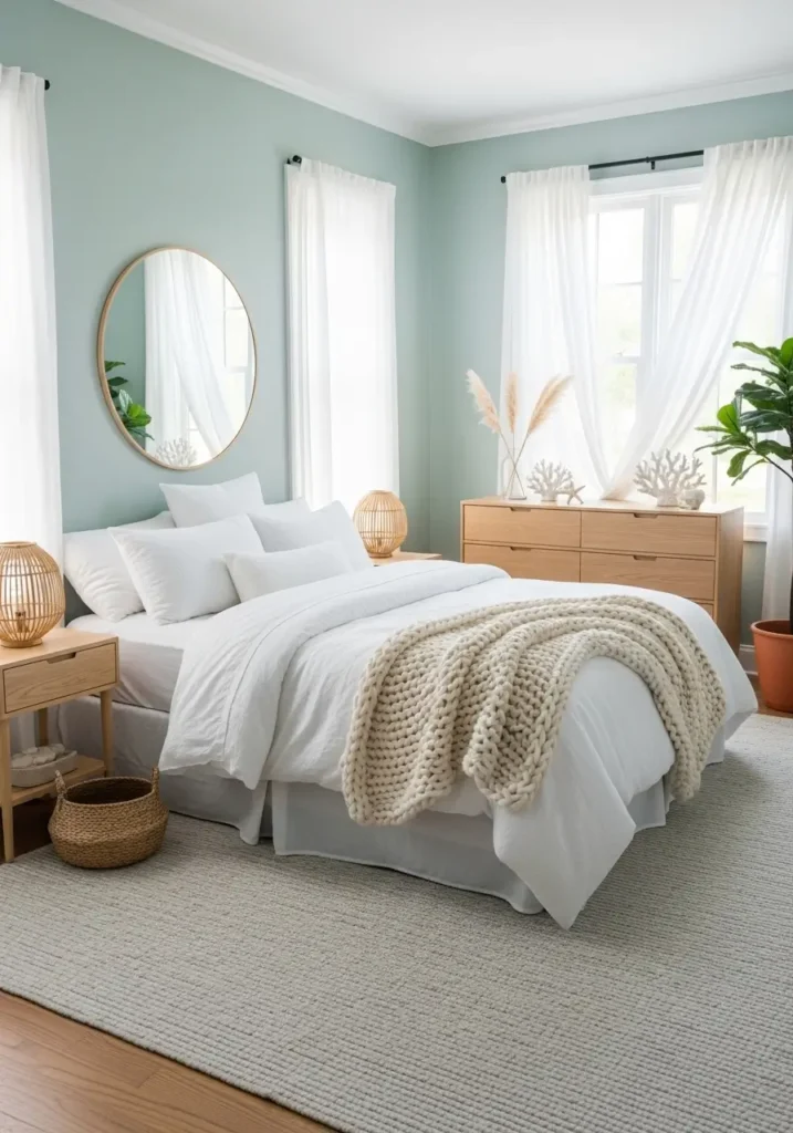 bedroom featuring seafoam-green walls, white linen bedding, woven textures, light wood furniture, coastal decor accents, bright natural light, airy curtains, a calming beach-inspired mood, realistic styling, and a peaceful retreat atmosphere.