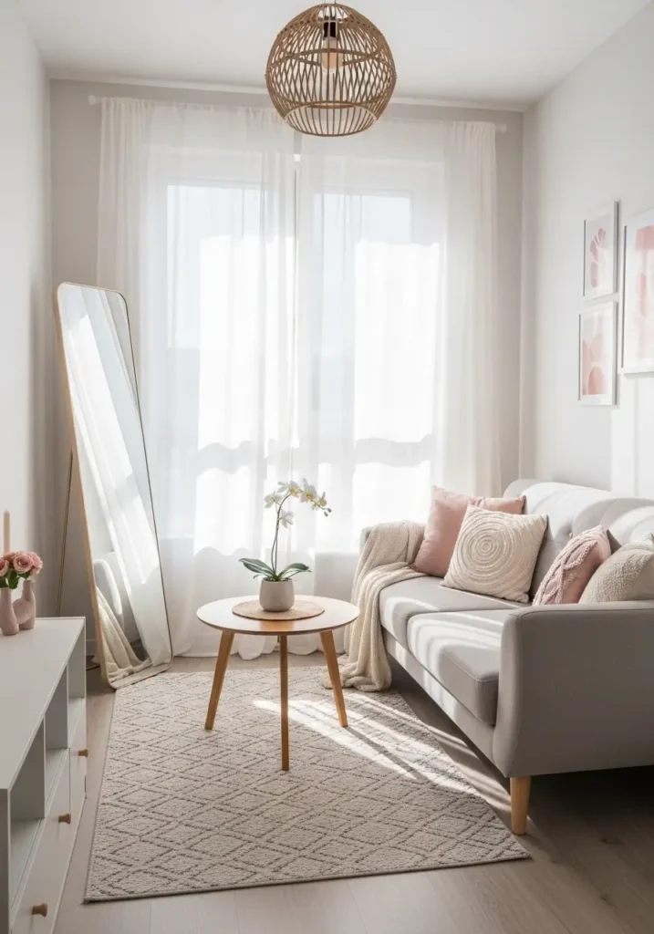 Bright small apartment room with sheer white curtains, sunlight flowing inside, soft glow, minimal furniture, neutral tones, airy atmosphere, feminine decor, peaceful mood, clean aesthetic, modern minimal living space

