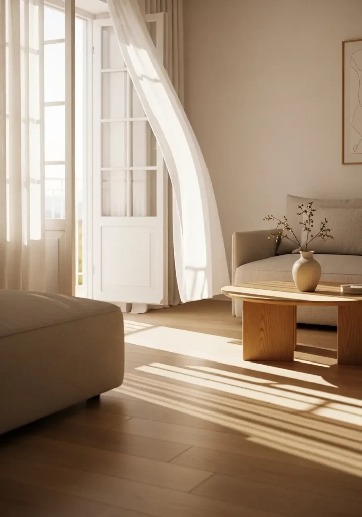 Bright minimalist room with sheer white curtains flowing softly near an open window, warm sunlight diffusing through fabric, neutral furniture, soft shadows across a wooden floor, airy, peaceful atmosphere, cozy Pinterest-style interior photography, realistic textures, calming morning light, and clean minimalist styling.

