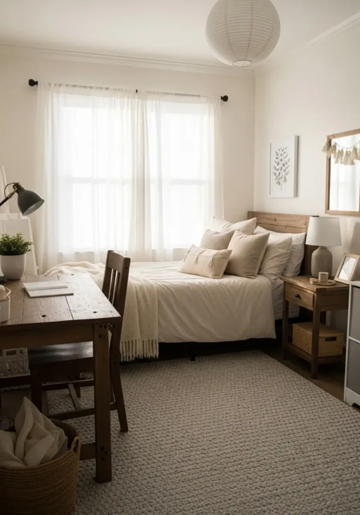 college apartment bedroom with sheer white curtains glowing in soft morning light, cream bedding, wood furniture, textured rug, neutral decor, airy feminine mood, cozy student apartment room, realistic interior photography, gentle sunlight filtering through windows, calm peaceful styling perfect