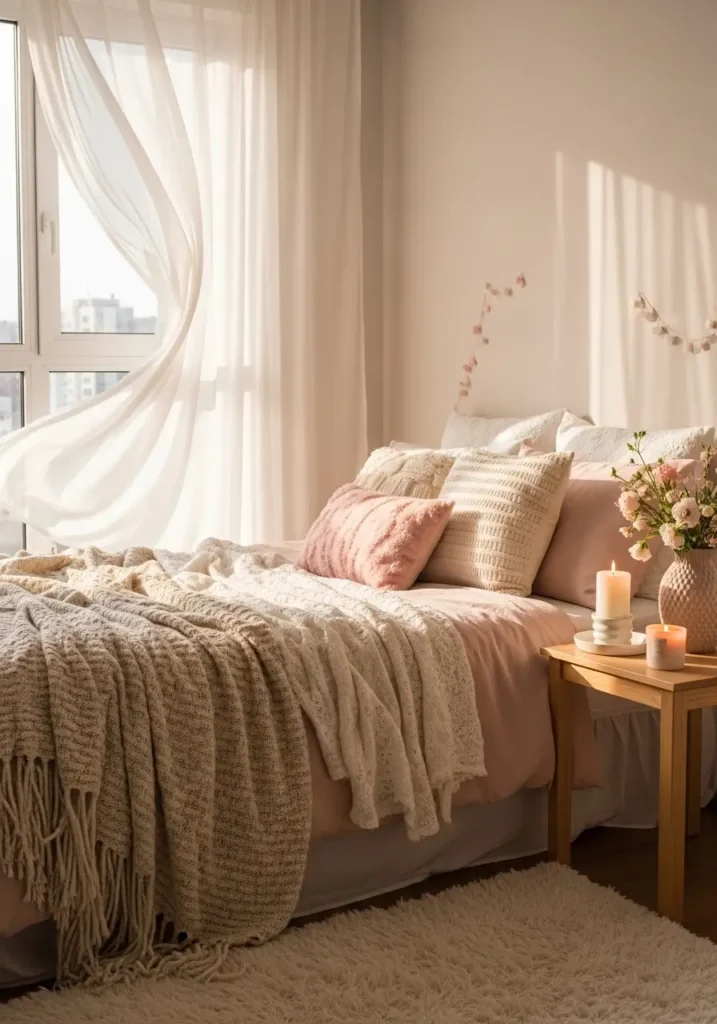 Soft feminine apartment bedroom with sheer white curtains flowing gently near large window, warm sunlight passing through light fabric, blush bedding layered with cozy throw blankets, small wooden nightstand with candle and flowers, fluffy rug on floor, calm neutral walls, cozy girly apartment decor with warm natural lighting