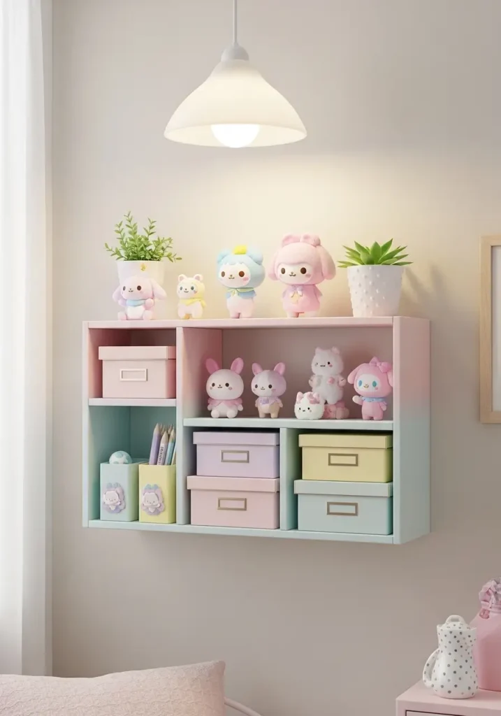 Small pastel-colored wall shelf decorated with kawaii figurines, mini plushies, pastel storage boxes, and tiny plants. Soft room lighting highlighting playful and cozy arrangement. Cute, organized, and cheerful vibe with pastel tones and inviting atmosphere.
