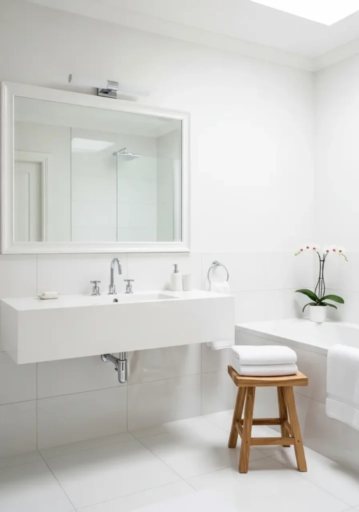  Bathroom with sparkling white tiles, polished chrome faucets, clean mirror reflecting light, soft towel neatly folded, bright and airy, relaxing spa-like vibe.