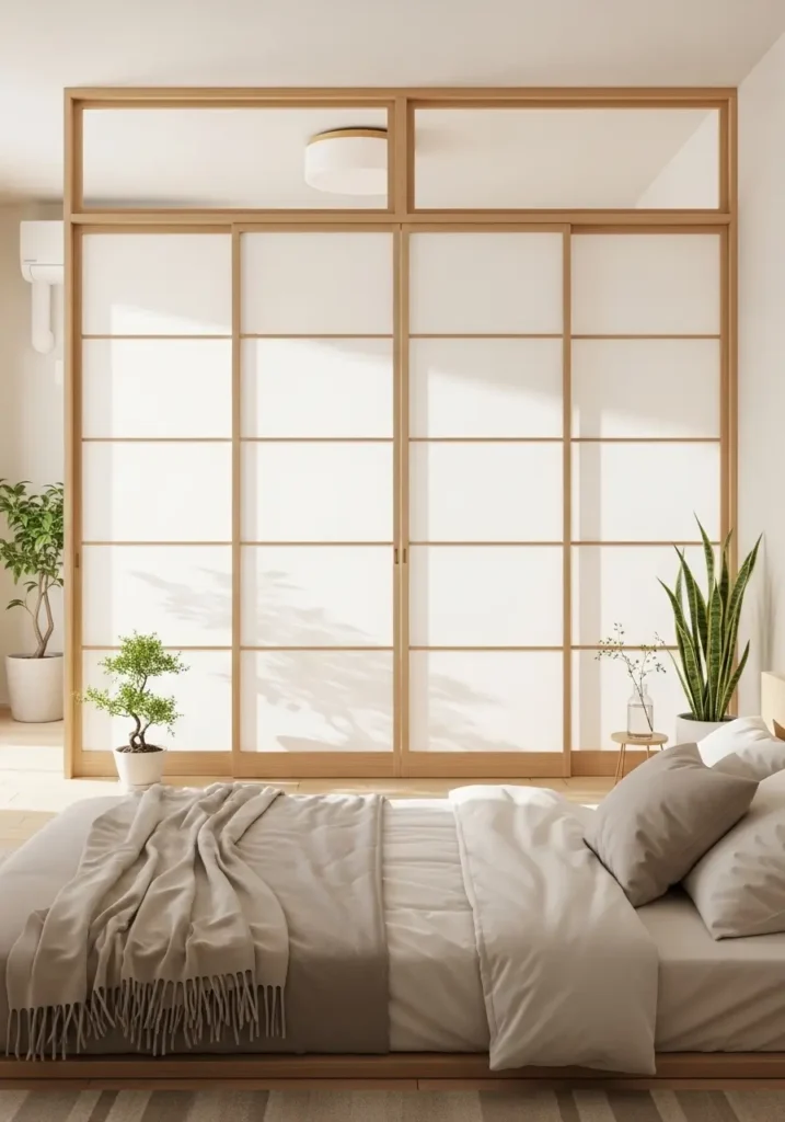 Japanese apartment interior with shoji-style room divider, soft white panels, light wooden frame, gentle daylight passing through, low bed, neutral bedding, minimal plants, peaceful studio layout, calm zen decor, airy and elegant apartment feeling.