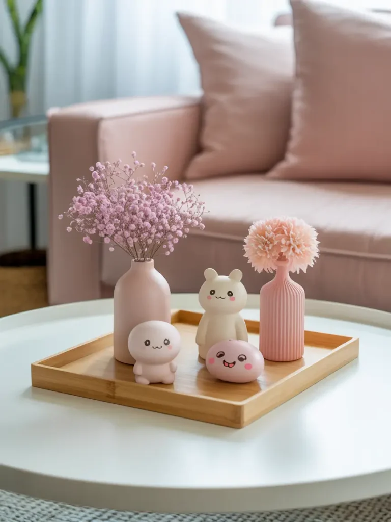 minimal coffee table with small kawaii decor items, pastel tones, clean arrangement, uncluttered surface, soft lighting, feminine aesthetic, modern minimal living room