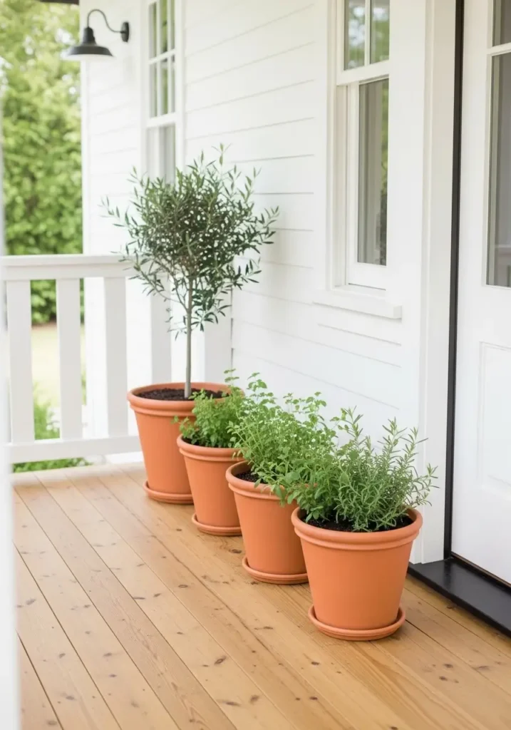 Clean country porch with three matching terracotta pots lined neatly, olive tree and herbs, white siding, wood floorboards, bright natural light, minimal farmhouse curb appeal, realistic styling, tidy fresh welcoming entrance scene.