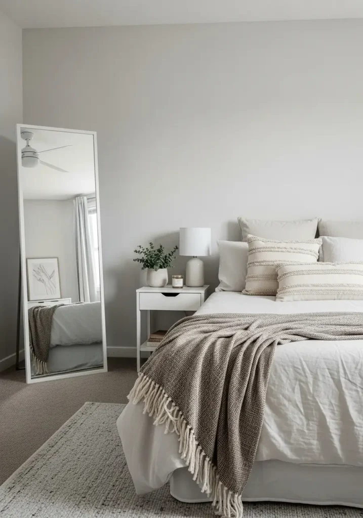 College apartment bedroom with simple standing mirror, neutral tones, minimal decor, clean layout, cozy feminine aesthetic, natural light reflection, uncluttered space, modern minimal styling, airy and open feeling