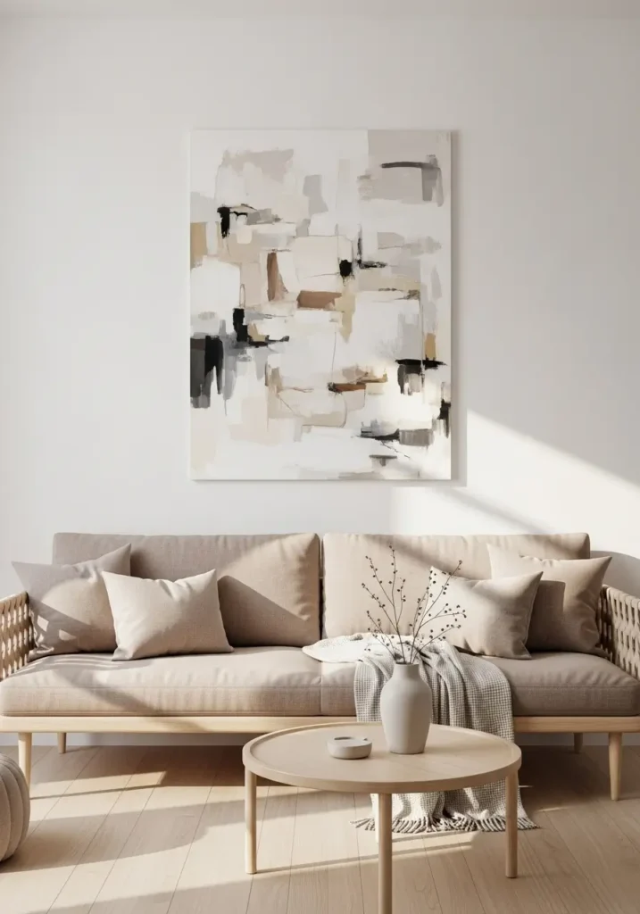 Minimalist living room wall with a single large neutral abstract painting, soft beige sofa below, clean white wall space, warm natural lighting, balanced composition, Scandinavian interior styling, calm, uncluttered atmosphere, realistic Pinterest aesthetic with cozy textures and peaceful visual harmony.

