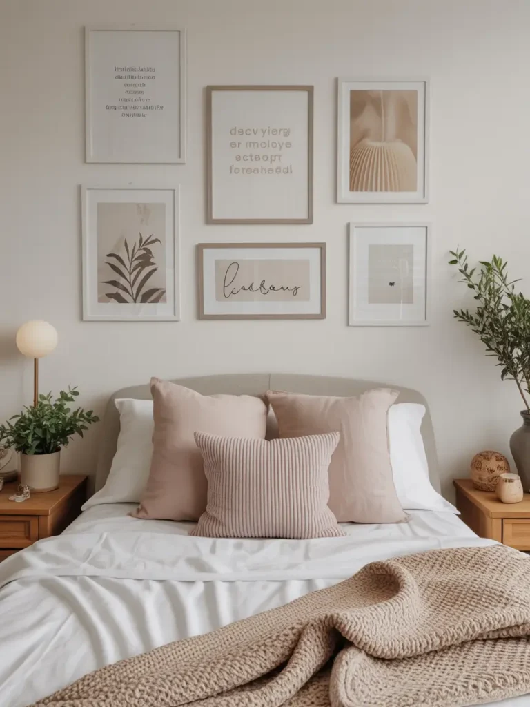 Minimal college apartment bedroom wall with simple art prints, neutral color palette, small frames, clean layout, soft aesthetic, feminine decor, white wall background, uncluttered arrangement, cozy and modern vibe, balanced spacing, natural light, calm and minimal styling

