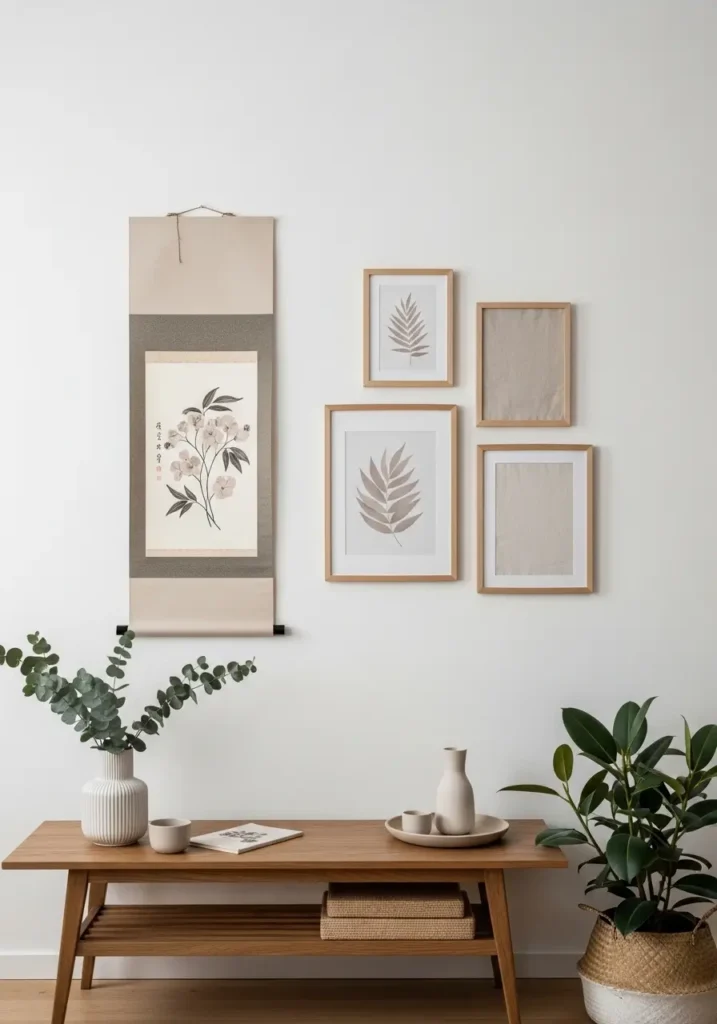 Minimal Japanese apartment wall decor with single framed artwork, neutral tones, light wood frame, soft composition, low furniture below, indoor plant nearby, clean walls, calm, zen-inspired styling, airy and elegant small apartment design.