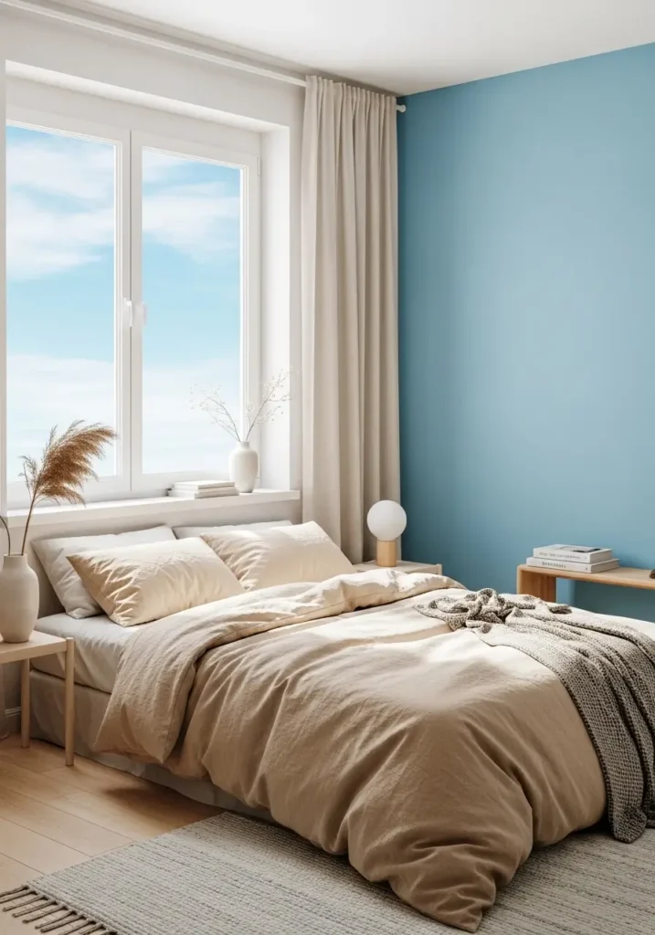 Airy bedroom featuring a sky-blue accent wall with warm beige bedding, soft linen textures, natural daylight through a large window, minimal decor styling, a woven rug and wooden accents, Pinterest-style interior photography capturing a serene, cozy atmosphere.

