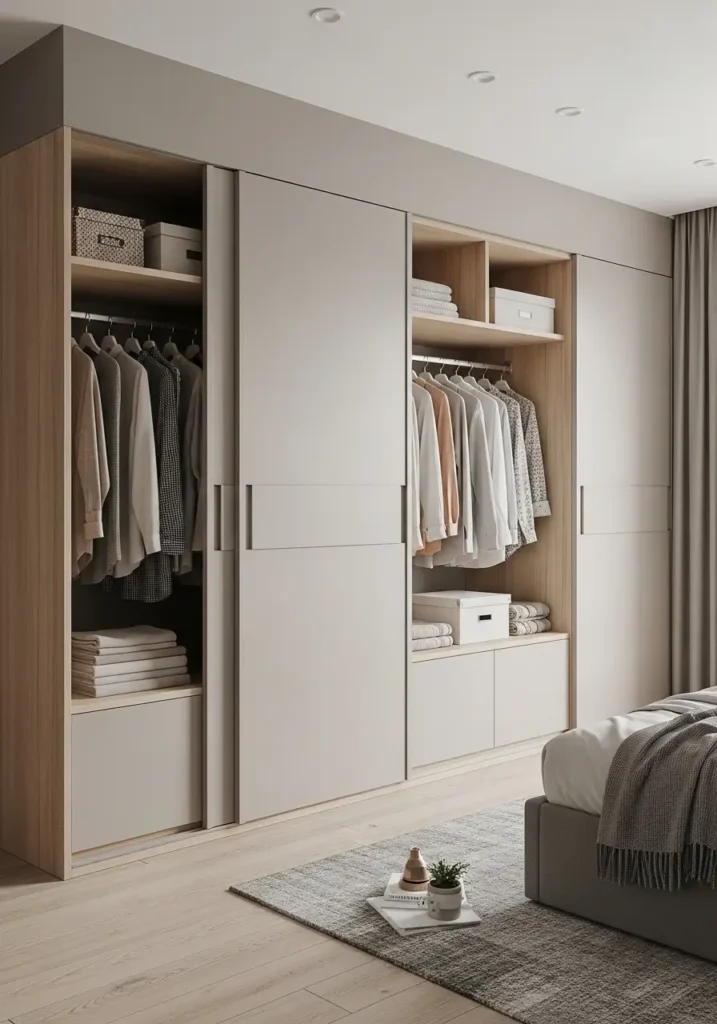  Japanese apartment with sliding storage cabinets, hidden compartments, light wood panels, minimal handles, clean walls, low furniture, neutral tones, calm, zen-inspired design, organized small apartment, peaceful and uncluttered interior.