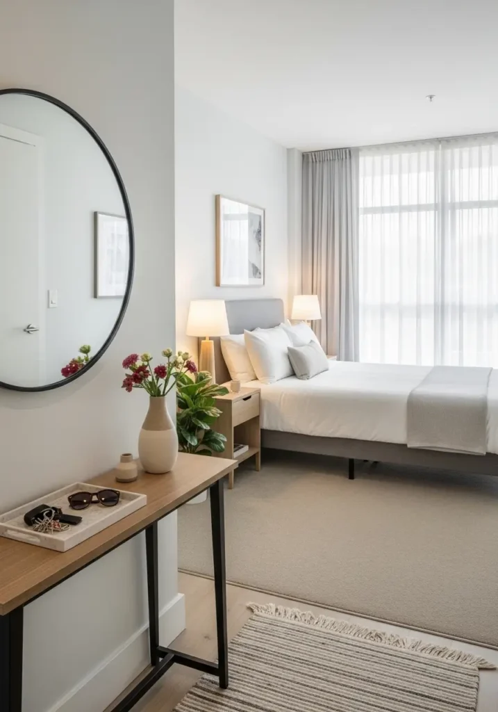 Bright apartment entryway with narrow console table in wood finish, round mirror above, small tray for keys and sunglasses, simple ceramic vase with flowers, neutral-toned rug, airy modern aesthetic, small footprint.