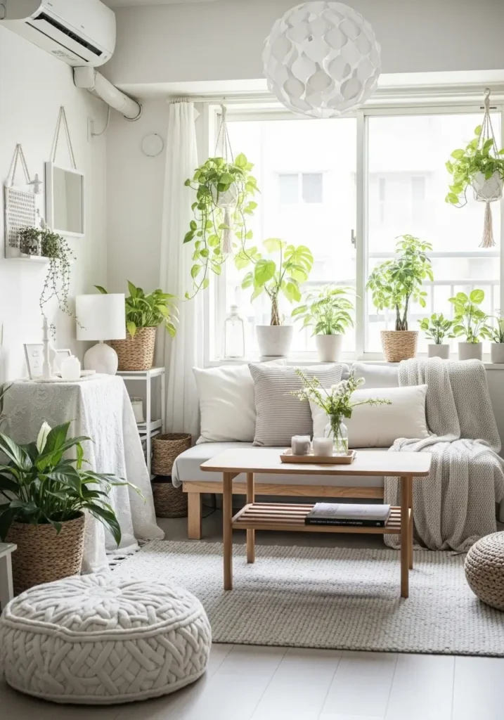 Small apartment interior with indoor plants near window, soft sunlight, neutral decor palette, cozy feminine styling, clean layout, minimal furniture, fresh green accents, modern minimal living, calm peaceful vibe, airy composition, soft textures, and natural light

