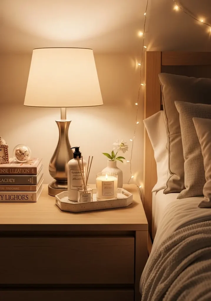 small college apartment bedroom nightstand styled with lamp, stacked books, ceramic tray, lotion, candle, tiny vase with flowers, cozy neutral bedding nearby, warm fairy lights, feminine and tidy decor, realistic close up interior scene, soft evening glow, pretty student bedroom styling