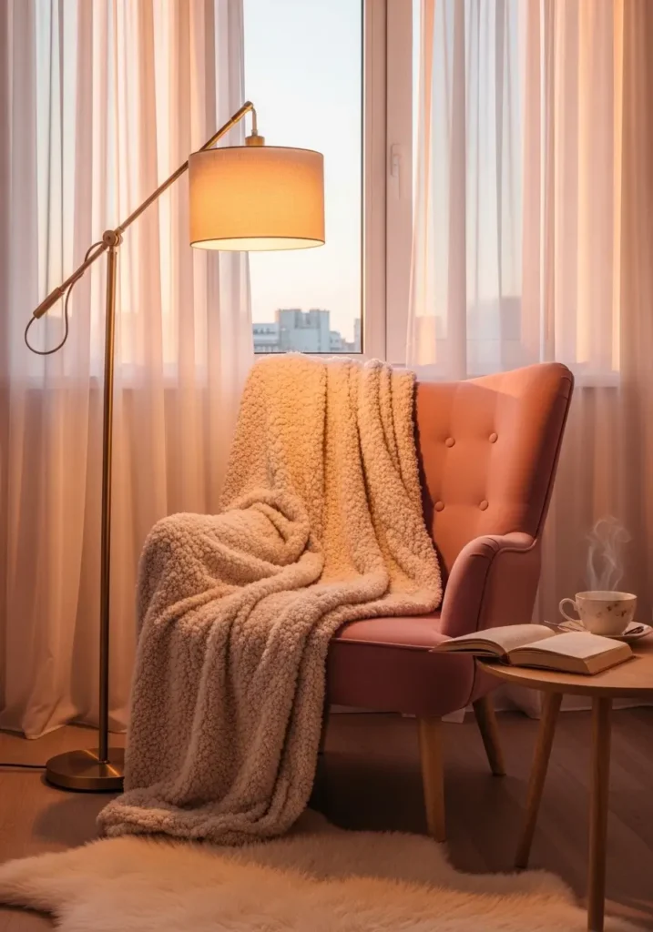 cozy apartment reading nook with plush pink armchair near window, fluffy throw blanket draped over chair, warm floor lamp beside chair, small wooden side table holding tea cup and book, soft rug beneath chair, sheer curtains glowing with warm sunset light, feminine cozy apartment aesthetic with relaxing atmosphere.