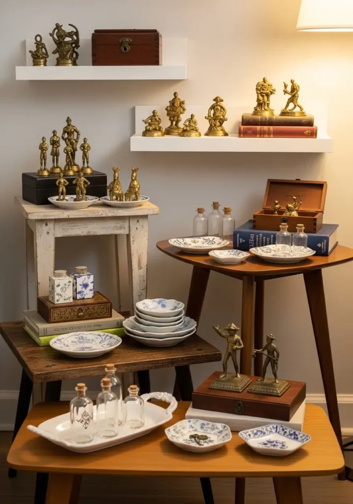 Cozy vintage apartment living room with small trinket styling, shelves and tables filled with delicate decor, tiny frames, candle holders, ceramic dishes, nostalgic feminine mood, warm light, collected home charm, soft colors, romantic apartment styling, lived in beauty, personal details, inviting and thoughtful room atmosphere