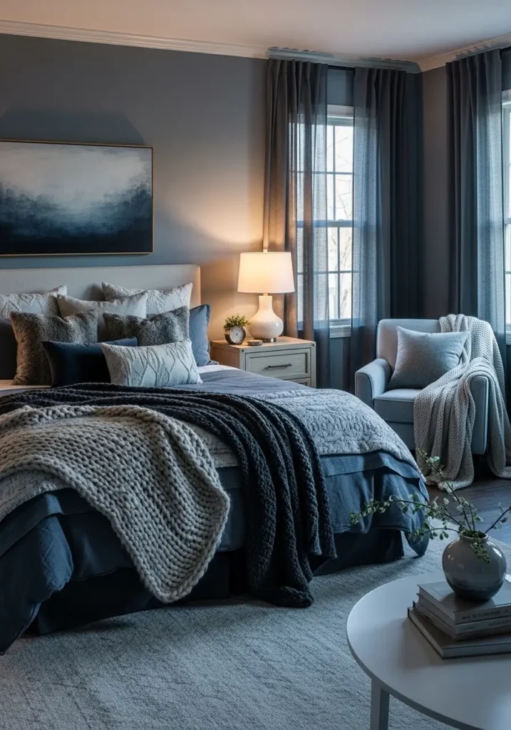 smoky blue bedroom with layered bedding, warm lamps, textured pillows, soft evening lighting, cozy intimate styling, realistic interior photography, calm retreat mood with balanced shadows and warmth.