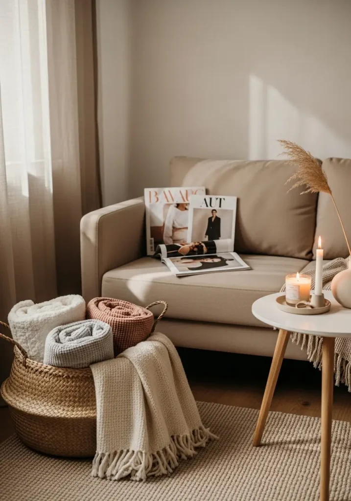 Cozy tiny apartment living room with woven basket beside sofa, folded throw blankets, magazines, candle on side table, neutral palette, soft lighting, feminine minimal decor, clean uncluttered mood, realistic warm interior photography.