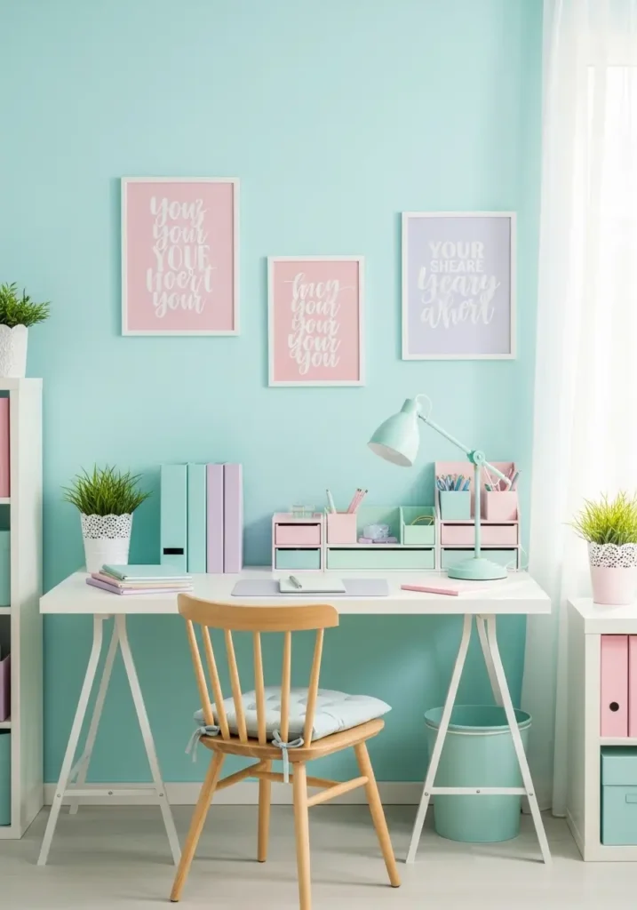 Home office with pastel aqua walls, white desk with pastel organizers and lamp, light wooden chair with soft cushion, pastel-colored notebooks, motivational prints on walls, and small potted plants, creating a bright, refreshing, and inspiring workspace.