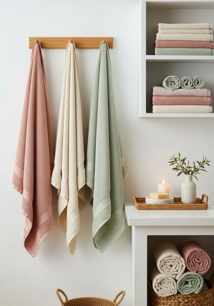 Minimal cottagecore bathroom with rolled cotton towels in cream and sage, wooden stool, small candle, white sink, pale walls, natural daylight, woven basket below, tidy uncluttered styling, realistic fabric texture, feminine calm mood, gentle warm shadows, peaceful fresh interior.