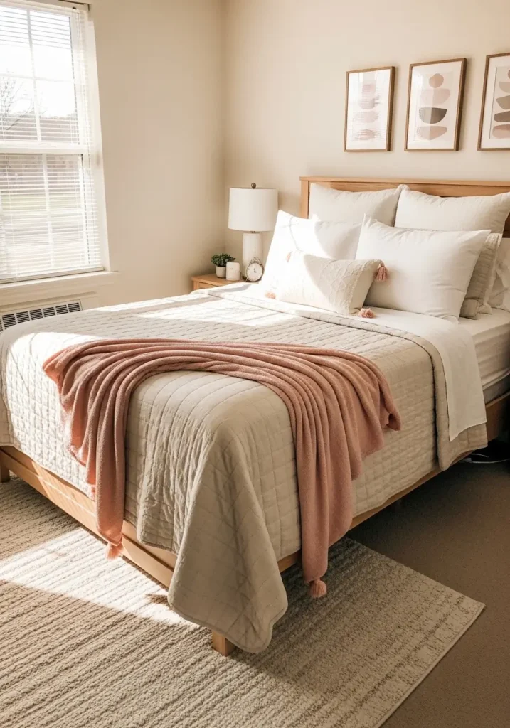 cozy college apartment bedroom with layered cream bedding, soft beige quilt, fluffy white pillows, blush throw blanket, warm natural light, wood bed frame, neutral wall art, textured rug, gentle feminine styling, realistic interior photo, tidy but lived in mood
