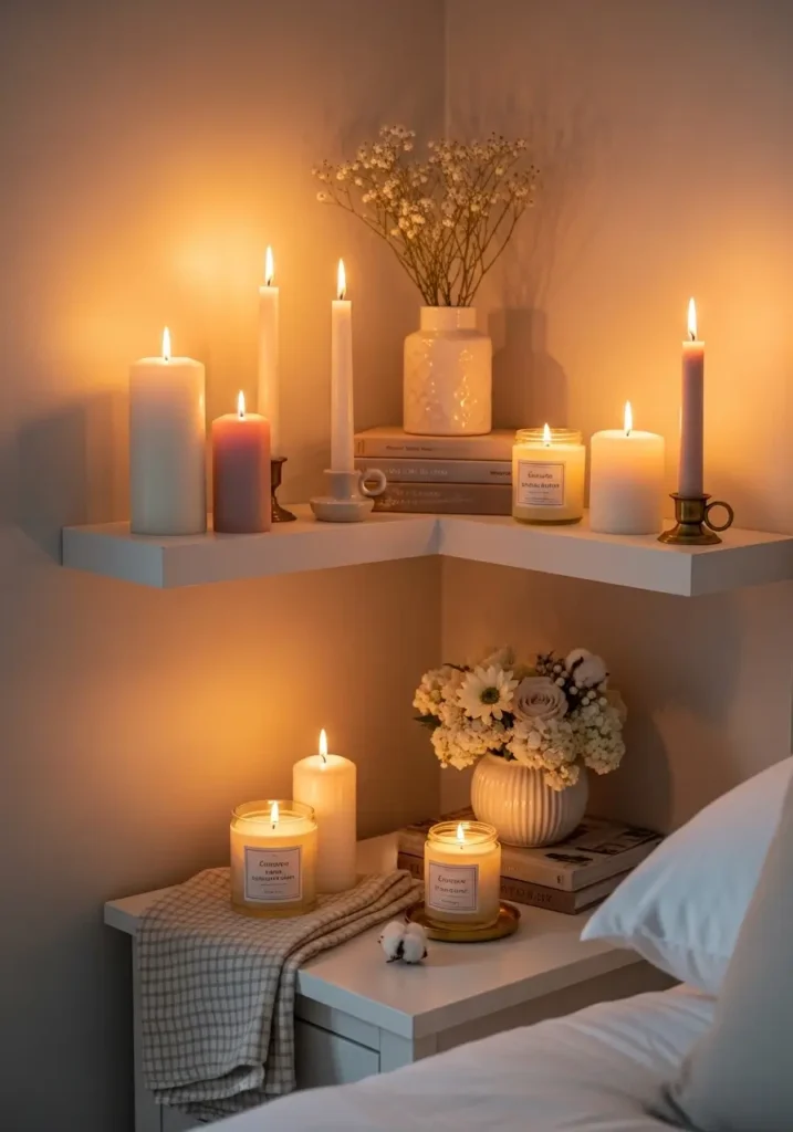 Minimal cottagecore shelf styling with white candles, small ceramic holders, stacked books, dried stems, pale wood shelves, warm evening glow, cream wall background, tidy balanced layout, feminine soft mood, realistic wax textures, calm uncluttered room, natural styling with gentle shadows.