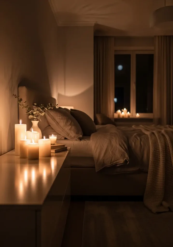 bedroom with candlelight styling on bedside table, warm flickering glow reflecting on neutral bedding, cozy textures, soft shadows, calm nighttime atmosphere, realistic interior photography, feminine, peaceful mood with intimate, relaxing ambiance.