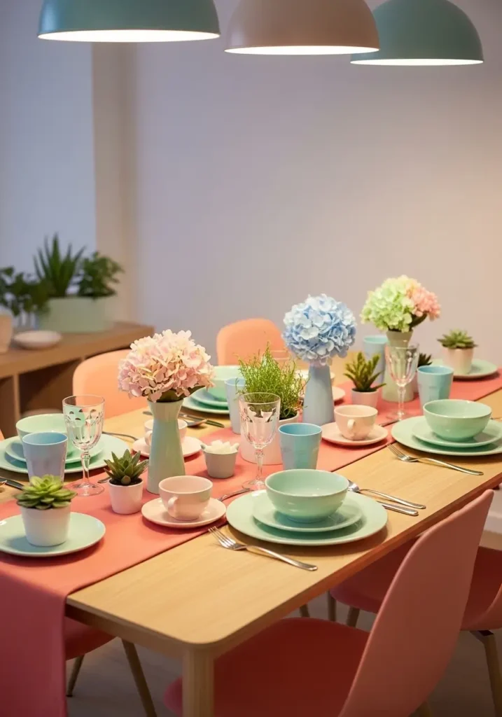 Dining area with soft coral chairs and table runner, light wooden table, pastel-colored tableware and centerpieces, warm overhead lighting, and small potted plants adding balance, creating a cheerful and inviting pastel-themed dining space.
