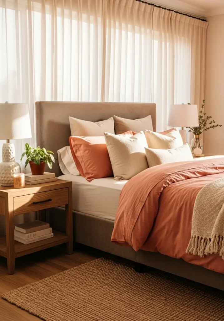 Pinterest-style bedroom featuring soft coral bedding layered with cream pillows, an upholstered headboard, warm natural sunlight filtering through sheer curtains, a woven rug texture, wooden bedside table styling, and a cozy, elegant atmosphere captured in realistic interior photography with soft, feminine warmth.

