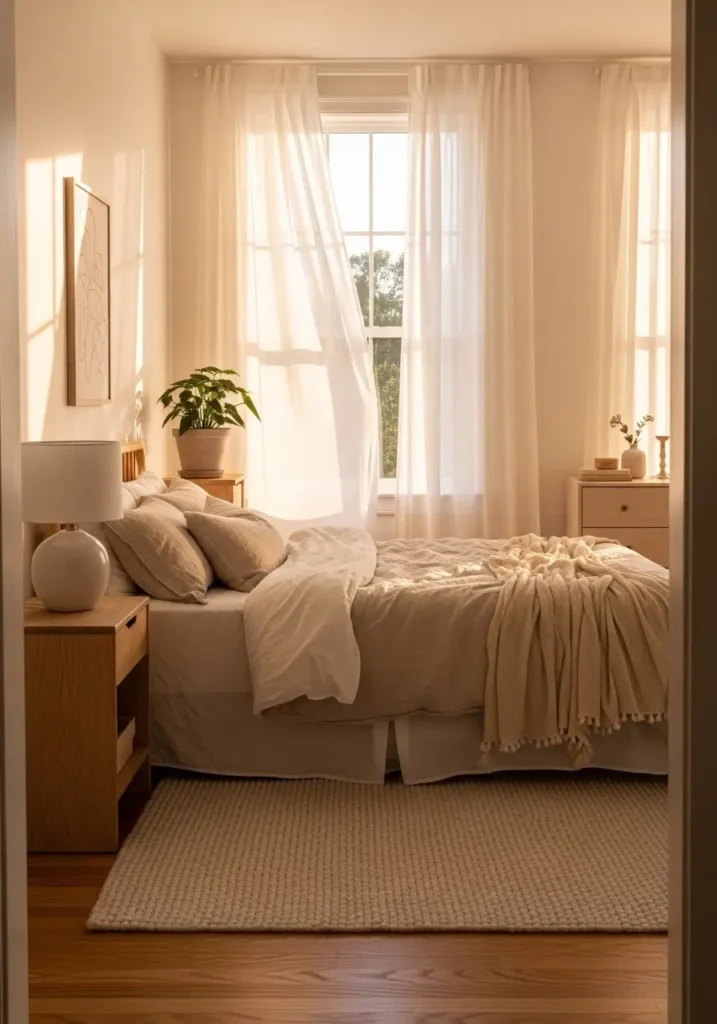 bedroom with long sheer curtains flowing beside a large window, warm morning sunlight filtering through the fabric, neutral bedding, light wood furniture, a soft, textured rug, airy, feminine styling, calm, natural lighting, cozy atmosphere, realistic interior photography with gentle shadows, and a peaceful, relaxed mood.