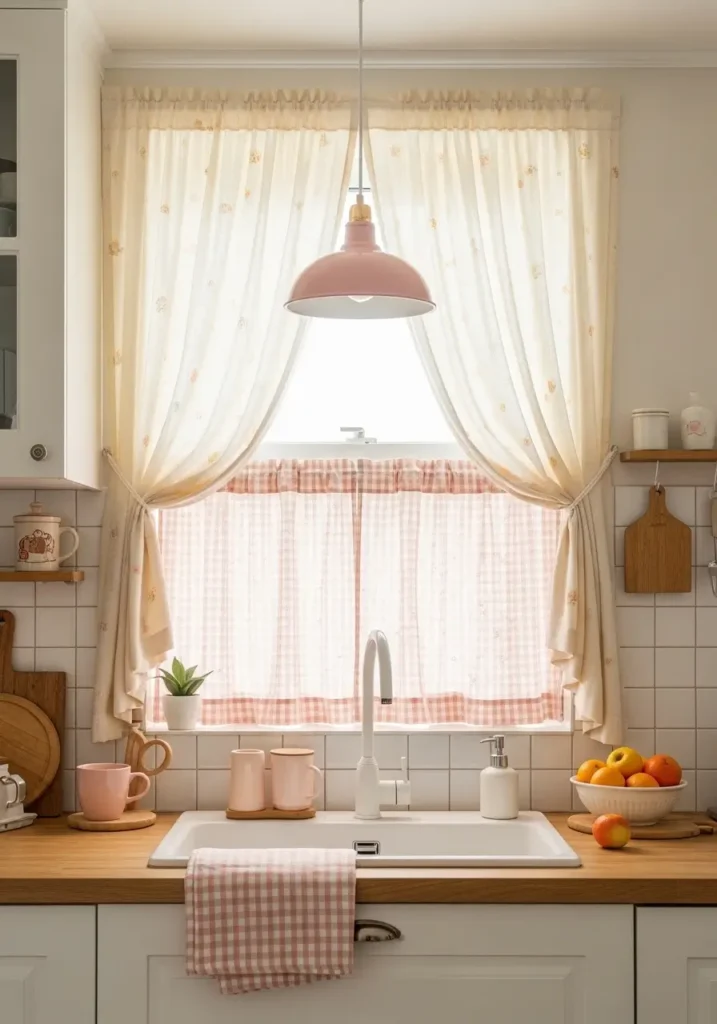 Clean kawaii kitchen window with soft pastel curtains, blush pink or cream fabric, gentle sunlight, white cabinets, tidy counter, minimal decor, feminine cozy styling, airy pastel kitchen mood with sweet calm home feeling and simple dreamy details.