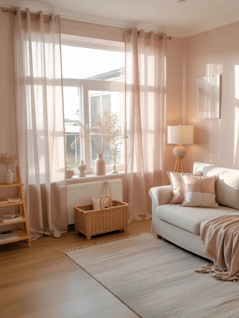 small living room with soft sheer curtains, natural light flowing in, pastel decor, clean layout, feminine cozy aesthetic, minimal styling, bright and airy feel