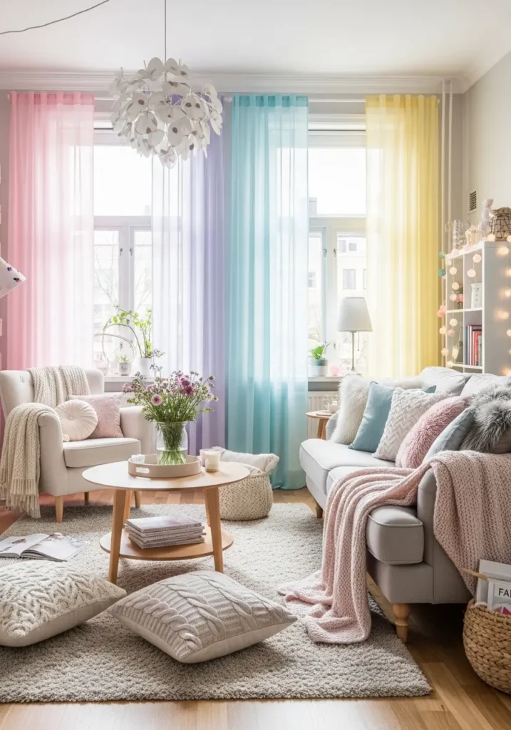 Living room with light pastel curtains, sunlight streaming in, soft furniture with throw pillows, cozy decorative items, gentle playful girly vibe, airy bright aesthetic, realistic 2D illustration, comfortable and inviting apartment interior.