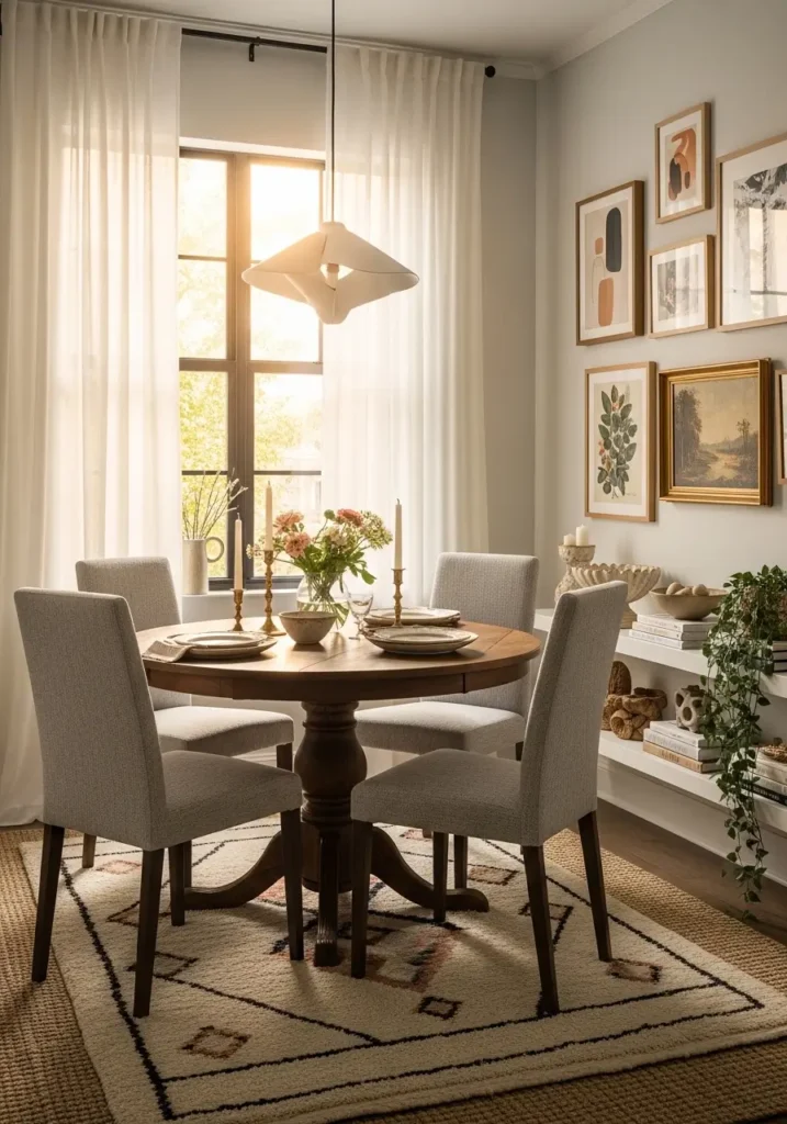 Modern eclectic apartment dining room with soft full length curtains framing a cozy dining corner, warm filtered sunlight, vintage wood table, modern chairs, layered rug, feminine home styling, realistic apartment interior, elegant textiles, warm neutral palette, collected decor, inviting dining nook, stylish urban home atmosphere, modern and vintage blend, calm and beautiful room feeling with softness and depth

