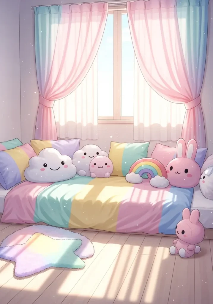 Bedroom with soft pastel pink sheer curtains hanging over a sunny window. Gentle sunlight fills the room, highlighting a pastel-colored bedspread, plushies, and a small rug, creating a dreamy, cheerful, and cozy kawaii aesthetic.