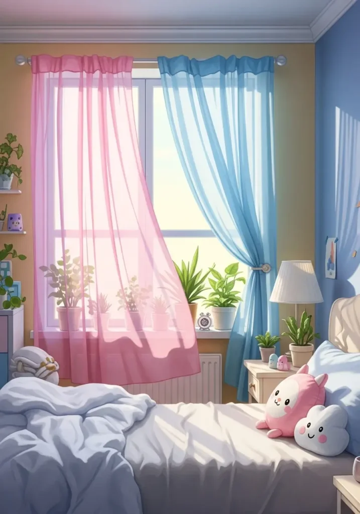 Bedroom window with sheer pastel pink and baby blue curtains softly draping to the floor. Gentle morning sunlight filtering in, soft shadows on pastel walls. Room has plush bedding, small plants, and kawaii accents, giving a warm and cheerful cozy vibe.