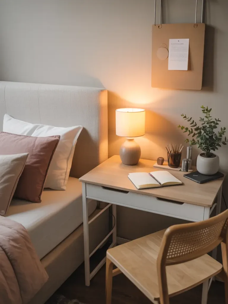 Minimal college apartment bedroom desk setup, neutral tones, clean workspace, small lamp, notebook, simple decor, cozy feminine aesthetic, uncluttered surface, warm lighting, calm and focused atmosphere, modern minimal style

