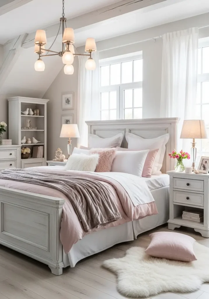 Soft, feminine loft bedroom with blush bedding, fluffy pillows, velvet throws, soft linens, whitewashed furniture, gentle lighting, serene atmosphere, airy open space with cozy yet elegant touches, plush textures, and delicate accents.