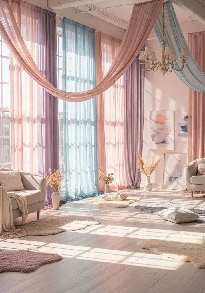 Soft loft apartment with long flowing curtains, delicate fabrics, pastel hues, airy atmosphere, light streaming through windows, romantic city loft style, warm yet light-filled space, feminine and peaceful interior with flowing drapery.