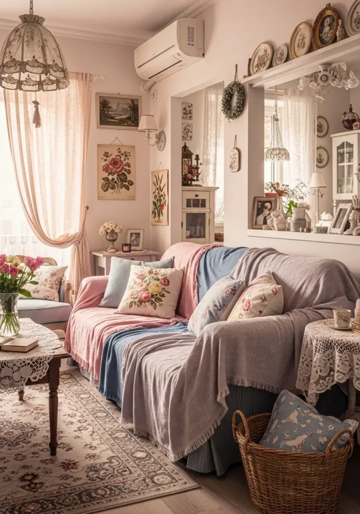 Vintage vibey apartment living room with soft floral pillows, faded pastel throws, light pink and dusty blue tones, cozy sofa, delicate vintage wall art, warm natural light through sheer curtains, romantic styling, layered textures, old fashioned charm, small apartment layout, soft feminine mood, collected decor, charming home setting with gentle colors and an inviting relaxed feeling