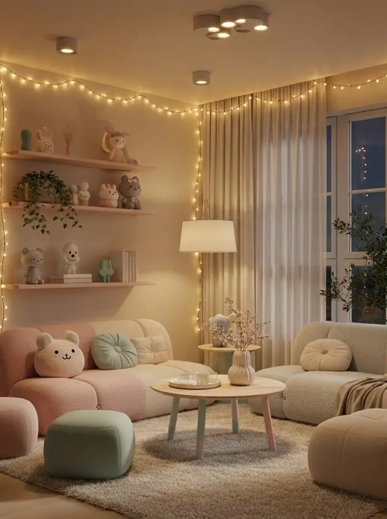 small living room with soft fairy lights glowing along wall edges, warm lighting, pastel decor, minimal furniture, cozy atmosphere, feminine soft aesthetic, clean and simple layout, calm evening mood