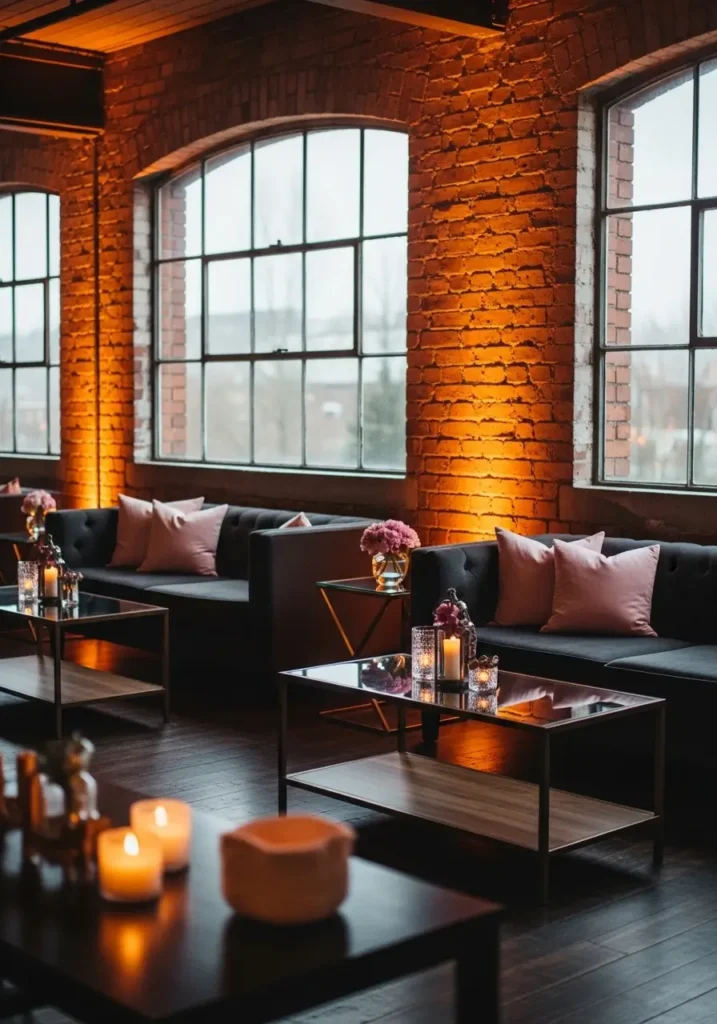 Soft industrial glow blends raw loft elements with warm, inviting details to create a balanced and romantic space. Exposed brick walls and steel windows provide structure, while warm amber lighting softens their intensity, making the room feel cozy rather than harsh. Blush pillows on charcoal seating introduce a gentle contrast, adding femininity without overpowering the industrial base. Glass tables help heavier materials feel lighter, keeping the space open and breathable.
