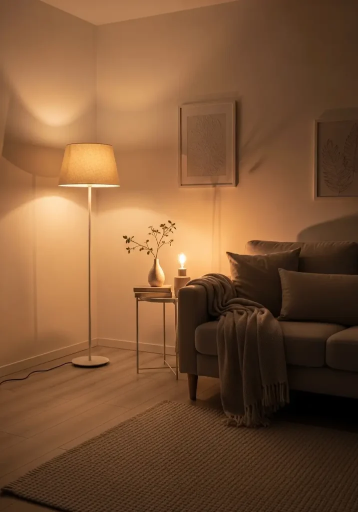 Minimalist living room at evening with layered warm lighting, floor lamp glowing softly, table lamp near sofa, neutral decor palette, cozy shadows, calm, relaxing ambiance, realistic Pinterest interior photography capturing soft lighting and peaceful home atmosphere.

