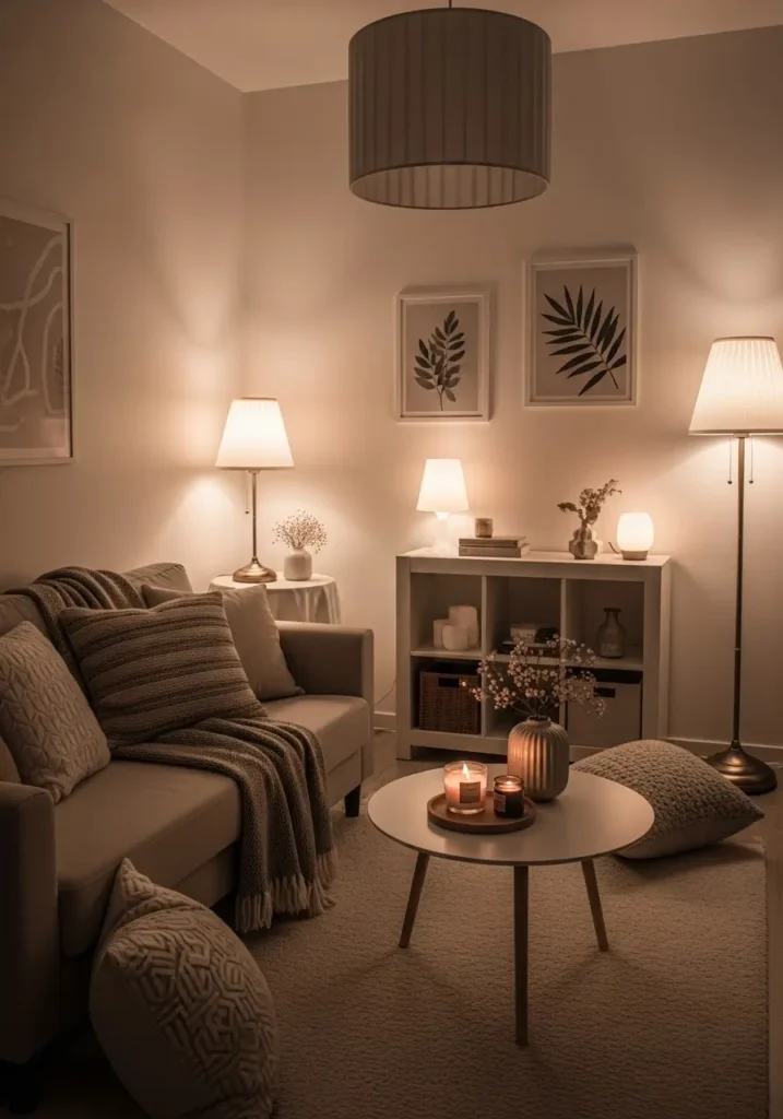 Small apartment with soft layered lighting, table lamps, warm glow, cozy atmosphere, neutral decor, feminine aesthetic, modern minimal living, calm, relaxing vibe

