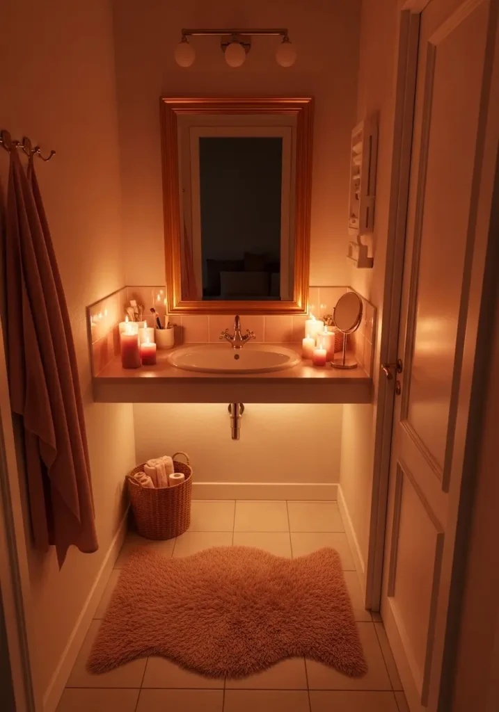 Small girly bathroom shelves with clear jars holding cotton pads and bath salts, woven baskets, folded pastel towels, gold details, neat and cozy organization, apartment bathroom styling, realistic compact space, soft feminine mood, clean decor, warm natural light, photo realistic interior with pretty storage ideas for a tiny bathroom