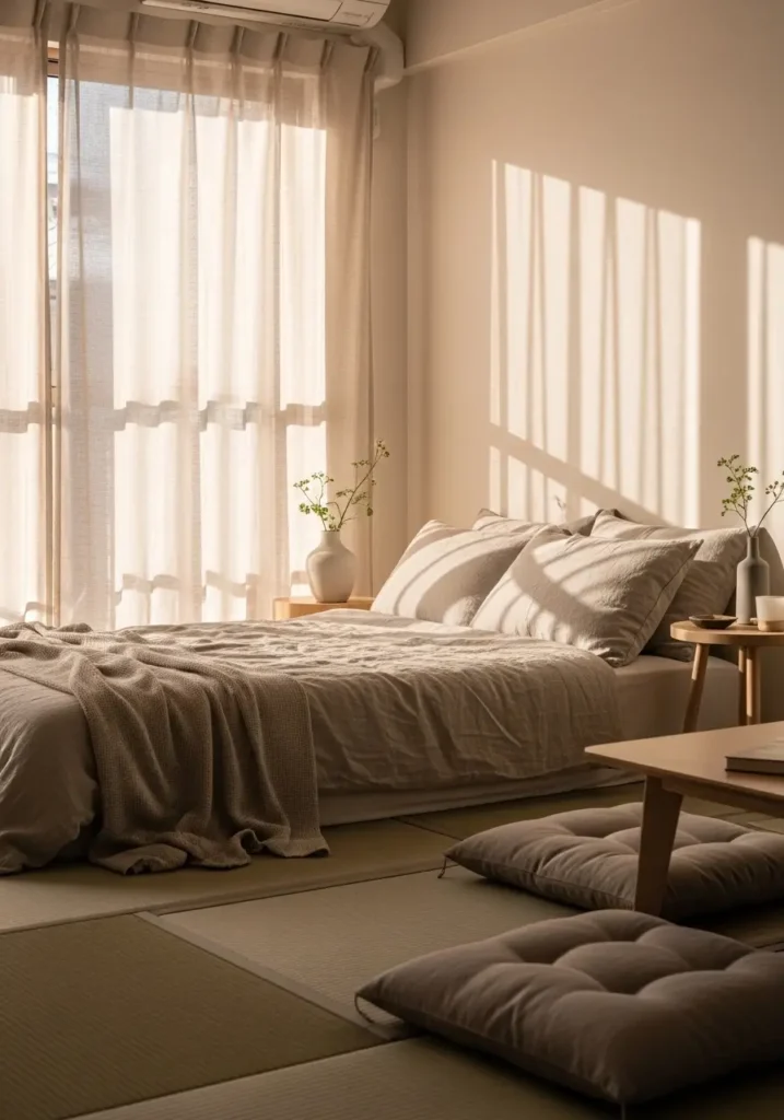 Cozy Japanese apartment with soft linen curtains, neutral bedding, light textured cushions, warm sunlight filtering through fabric, minimal decor, low seating, airy composition, calm zen atmosphere, natural soft tones, peaceful and inviting room styling.