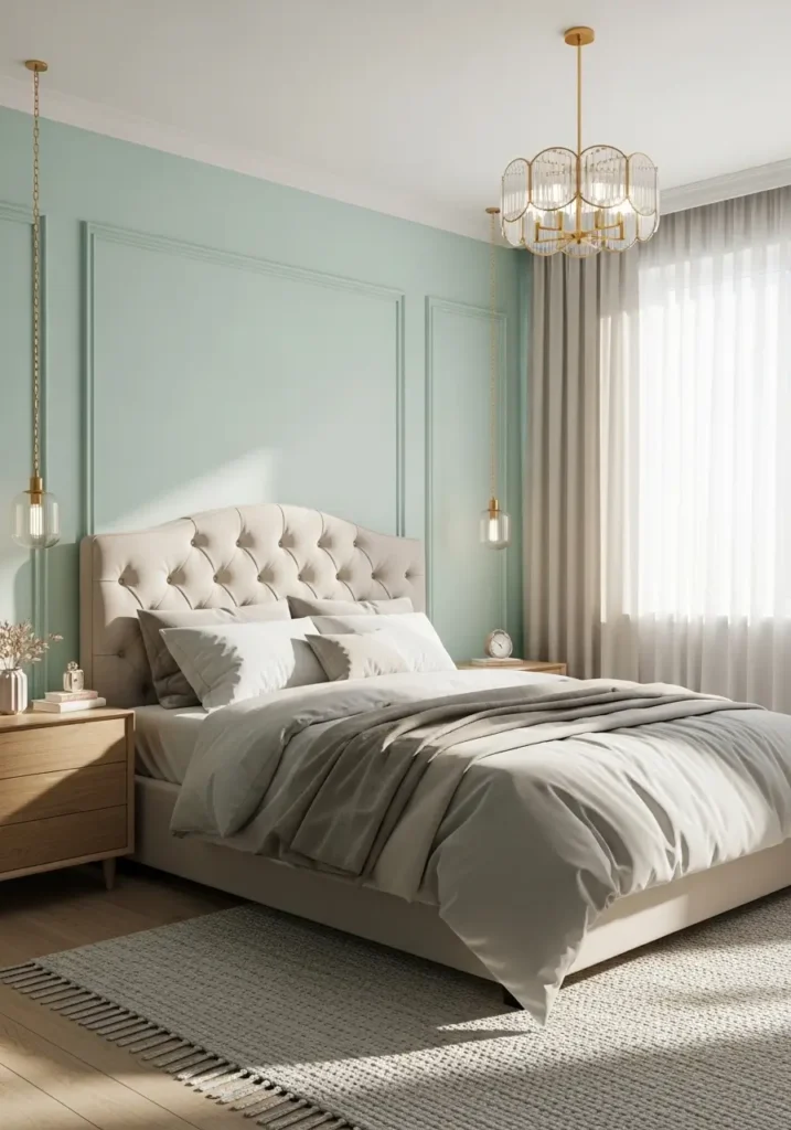 bedroom featuring a soft mint accent wall behind a cozy upholstered bed, warm sunlight entering through sheer curtains, layered neutral bedding, natural wood nightstands, soft textured rug, delicate decor styling, realistic lighting and shadows, airy feminine aesthetic, cozy atmosphere with pastel tones and calming interior photography details.