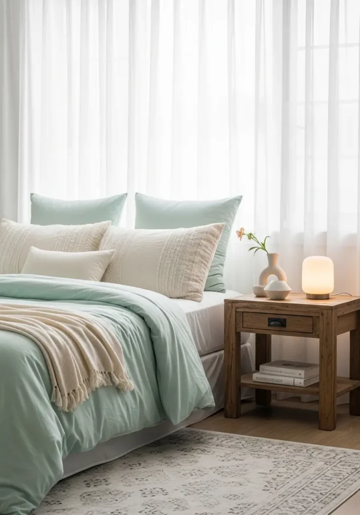 bedroom with soft mint bedding, cream-textured pillows, wooden nightstand styling, sheer curtains glowing with daylight, a cozy rug beneath the bed, and realistic interior photography showing a fresh, calm atmosphere with soft, feminine warmth.